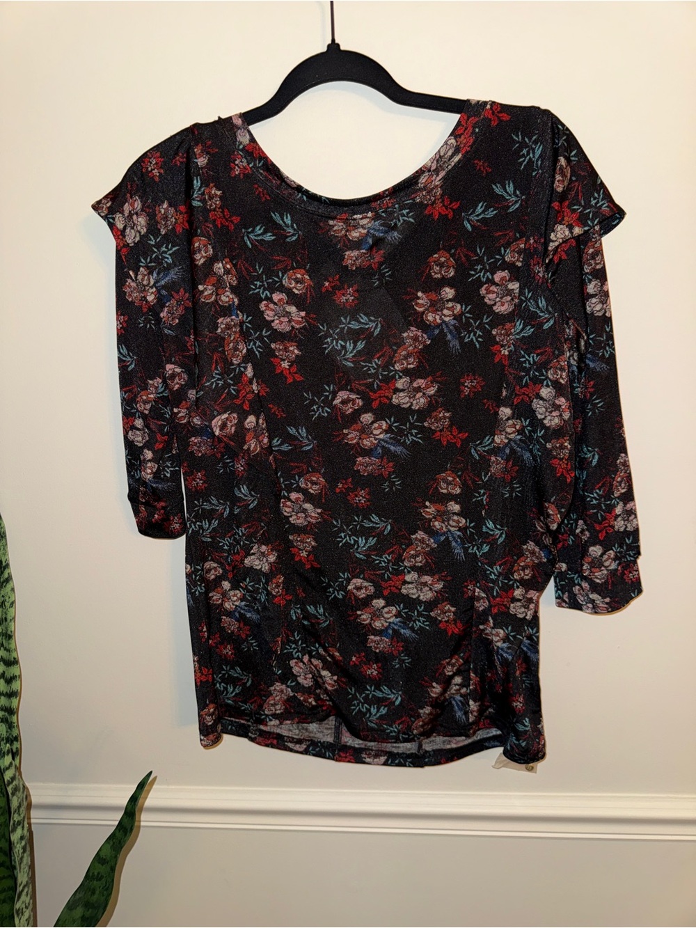 Free People Floral Print Black Top with Red and Pink Blooms